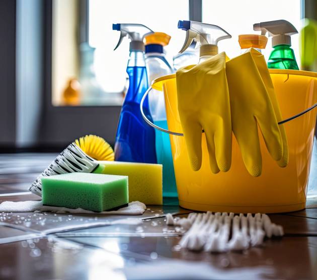 Bucket Full of Cleaning Supplies on Wooden Table.